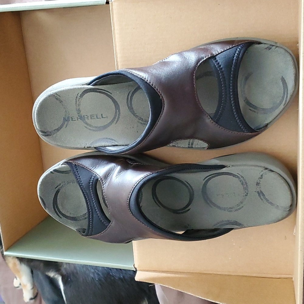Merrell brown leather slides, worn once. Size 10 B